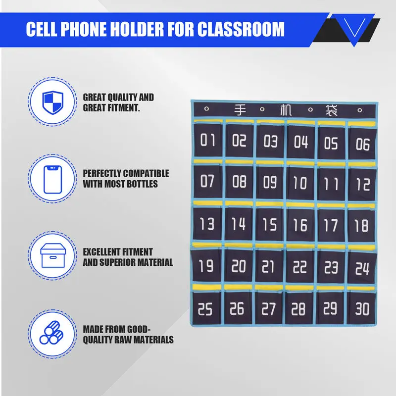 AU67-Numbered Pocket Chart Classroom Organizer For Cell Phones Calculator Holders (30 Pockets, Blue Pockets)
