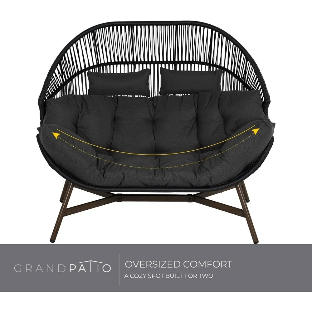 Outdoor Modern 2-Seat Wicker Egg Chair with Cushion, Stationary Patio Loveseat Accent Chair, Grey 5
