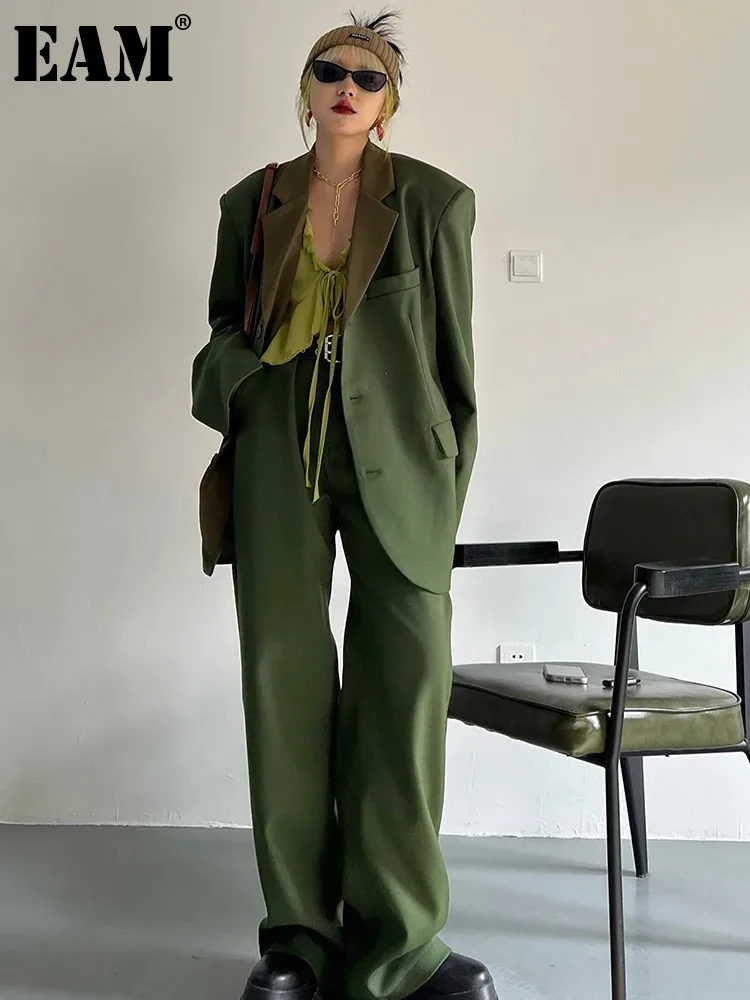 

[EAM] Wide Leg Pants Green Color-block Big Size Two Piece Suit New Lapel Long Sleeve Women Fashion Spring Autumn 2023 1DF0084