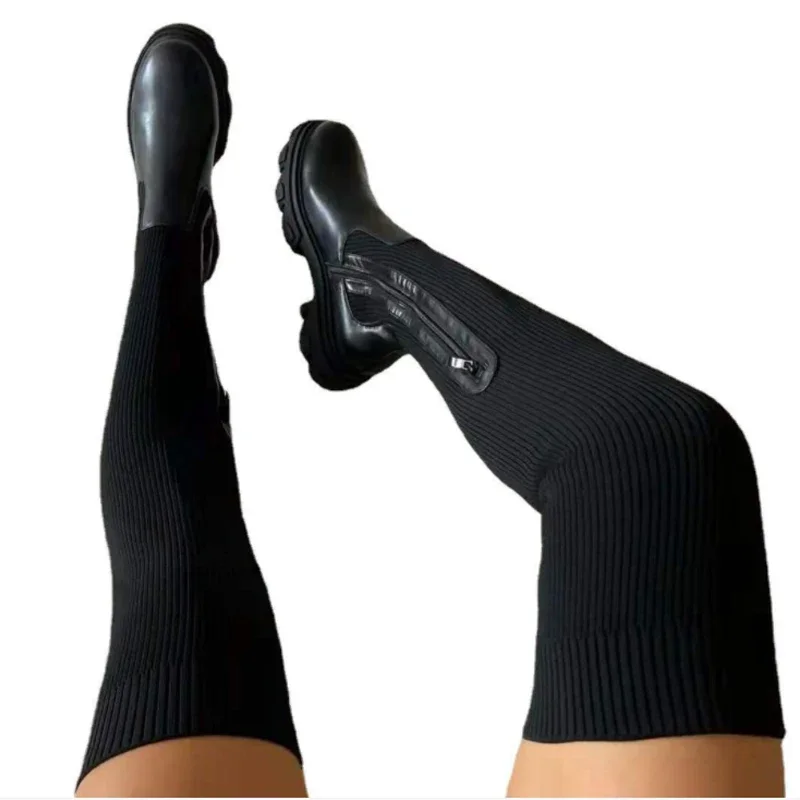 Autumn and Winter Boots Shoes Ladies Thick Winter Over-the-knee Thick-soled Stitching Socks Over-the-knee Boots Slim Fit