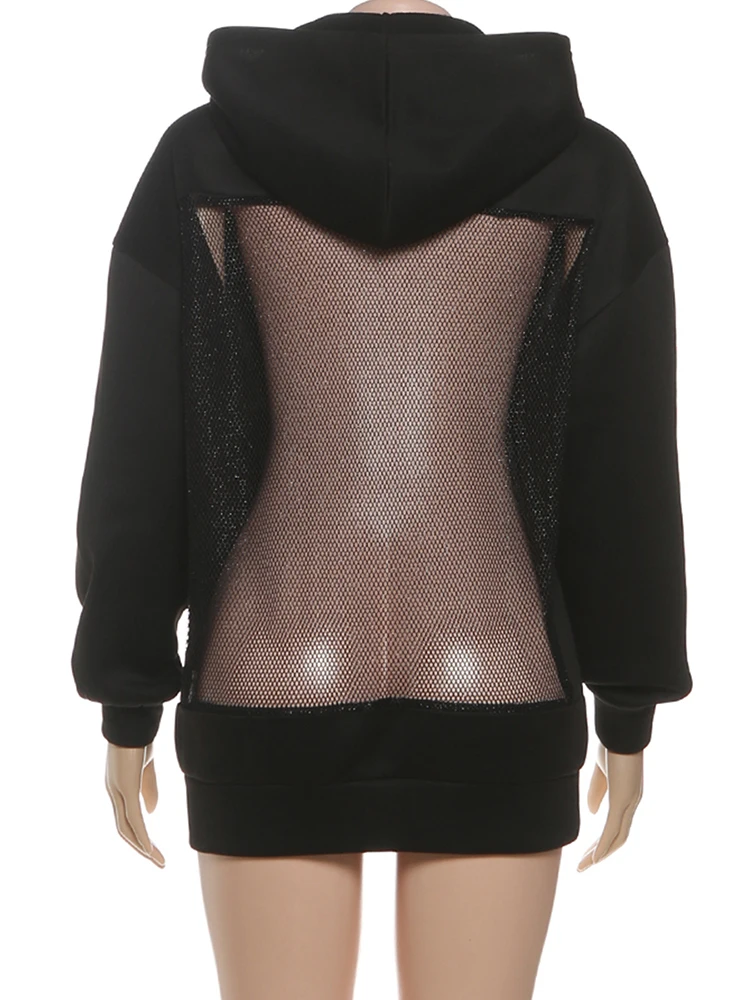 Nibber Patchwork Hoodie Women See Through Full Sleeve Loose Leisure Autumn Trend Streetwear Classic Simple Hip Hop Style Tops