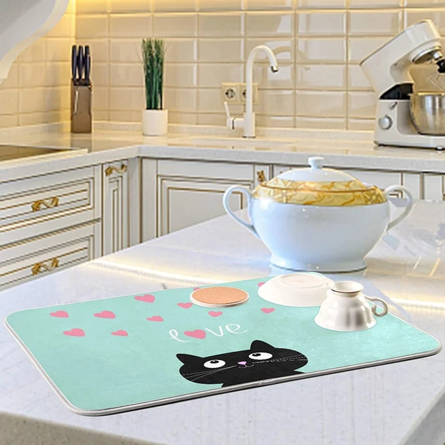 Black Cat Absorbent Dish Drying Mat Reversible 18x24 Inch Kitten