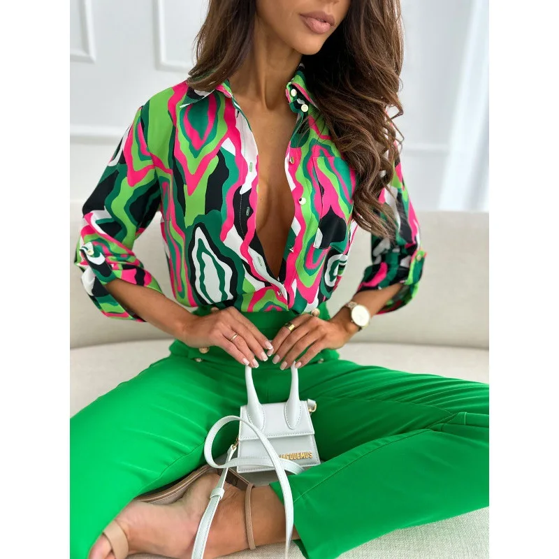 

Women Elegant Long Sleeve V Neck Blouse Casual Office Lady Loose Sexy Shirt Fashion Vintage Harajuku Bohemian Print Tops Blusas