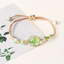Boho Four Leaf Clover Eternal Flower Adjustable Bracelet - Handmade Jewelry, Summer Beach Gift, Daily Wear Accessory - 18cm (Green)