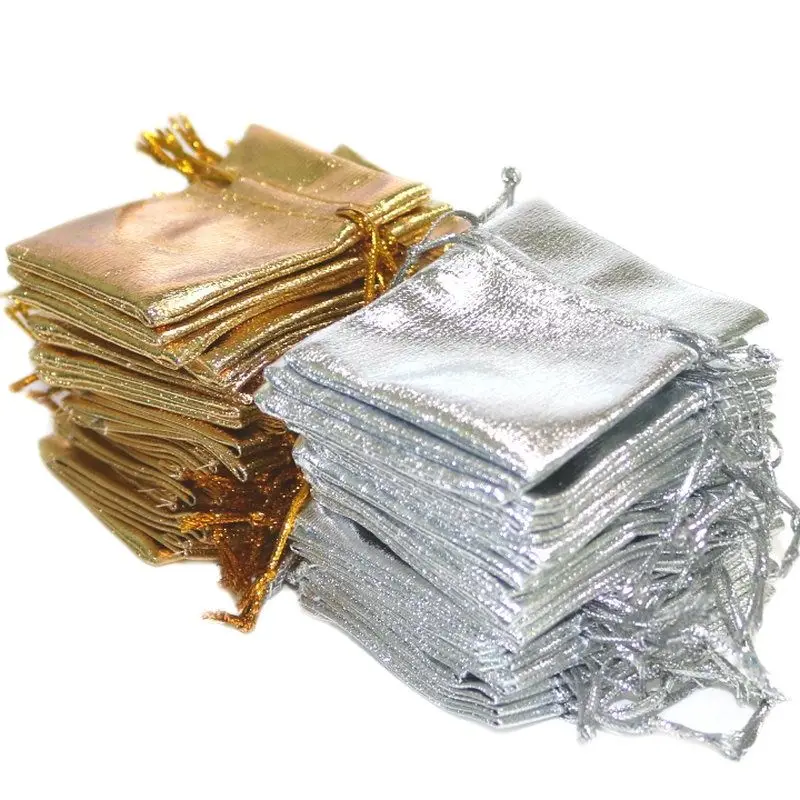 100PCS 5x7CM Jewelry Packing  Gift Bags Silver Gold Foil Cloth Drawstring Velvet Wedding Pouches Mix Colors