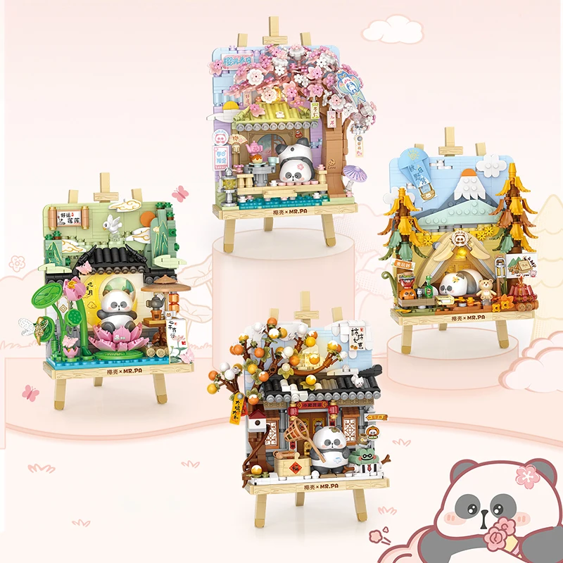 Mini Creative Panda Cherry Blossom Tree House Stereo Lotus Flower Painting Building Block Assembly Toys Children Christmas Gifts
