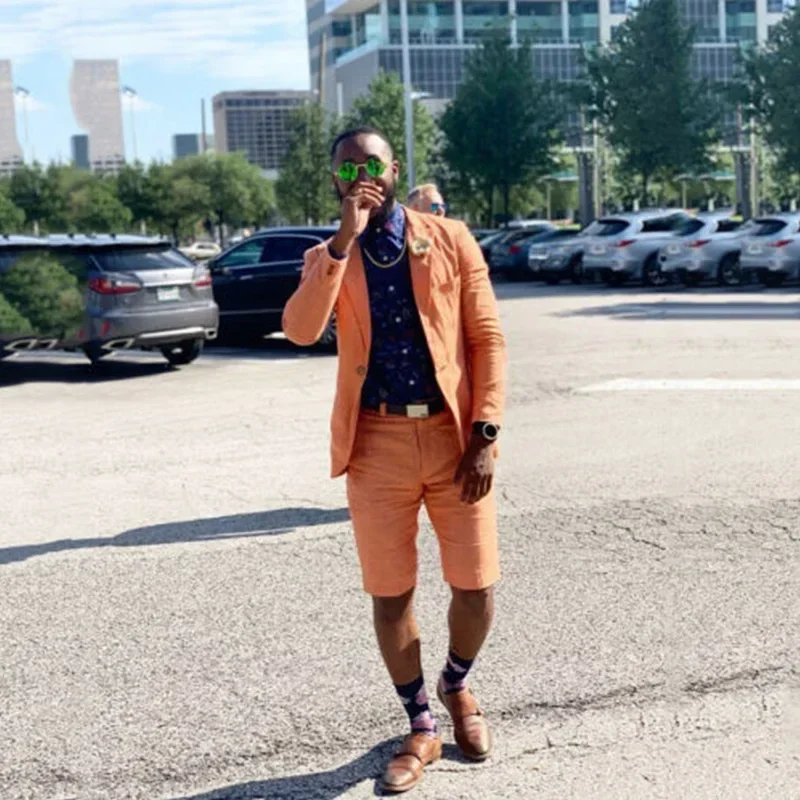 Fashion Summer Orange Linen Jacket Short Pant Men Suit Casual Slim Fit Blazer Hombre High Quality Custom 2 Piece Costume Homme