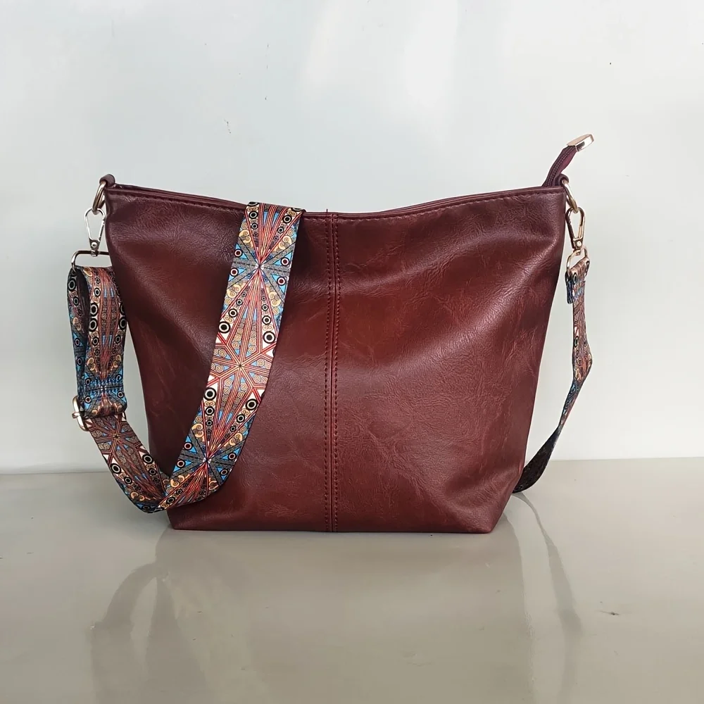 Modische Umhängetasche mit breitem Schultergurt, Retro-Umhängetasche für Damen aus PU-Leder, lässige Beuteltasche – Detail 21