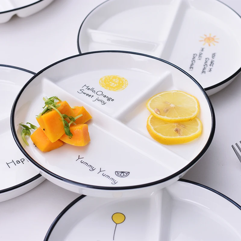 One Person Vegetable Plate Home Ceramic Cartoon Children's Divided Plate Three Panel Breakfast with Separate Dishes