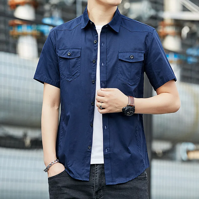 Casual Solid Color Shirts Summer Korean Single-breasted Men's Clothing Youthful Vitality Fashion Pockets Spliced Basic Shirts