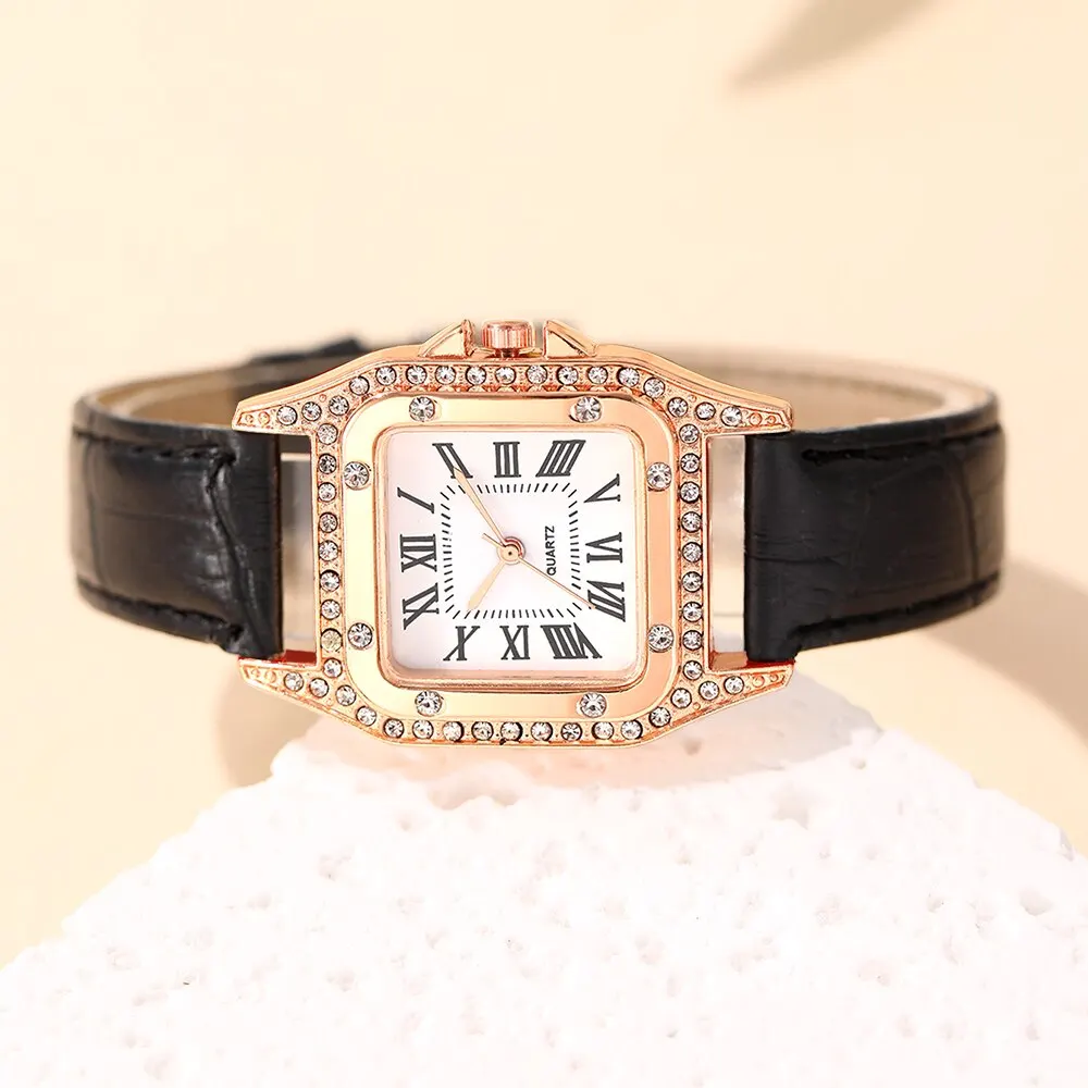2023 Fashion Womens Watches for Women Starry Square Rhinestone Quartz Wrist Watch Ladies Casual Black Leather Watch Reloj Mujer