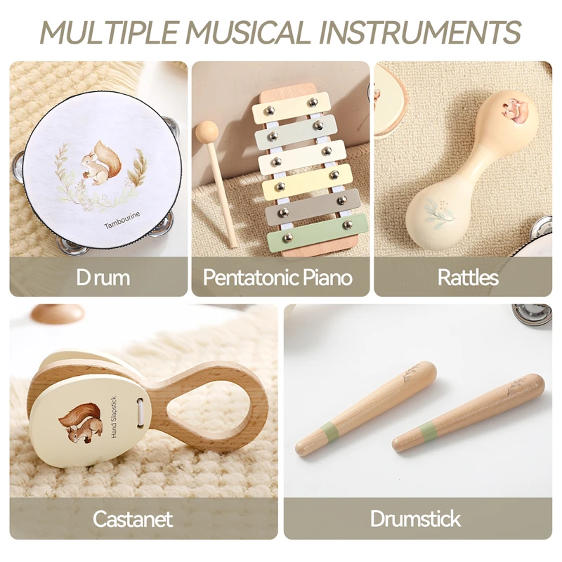 1Set Baby Wooden Squirrel Pattern Musical Instruments Montessori Multi-function Musical Game Interactive Instrument Newborn Gift 5