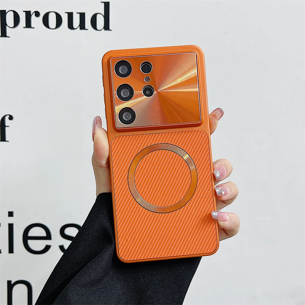Deluxe Carbon Fiber Magnetic Phone Case with Aurora Lens and Camera Protection - Shockproof Design