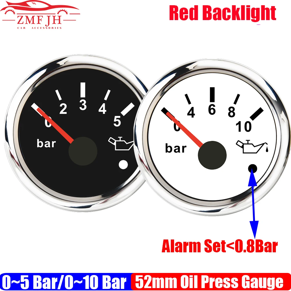 010Bar 2" 52mm Oil Pressure Gauge with Alarm Red Light 05 Bar Oil