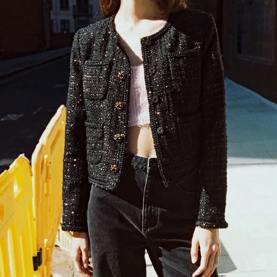 

Women Vintage Jacket Round Neck Pockets Single Breasted Tweed Coat