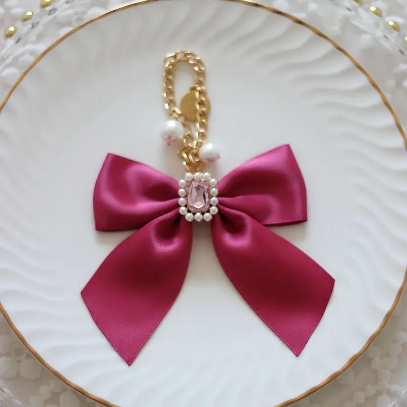 Japanese Maiden Pearl Rhinestone Bow Bag Charms Handmade Fantasy Bag Hanging Chain Pendant Lolita Women Bag Pendant