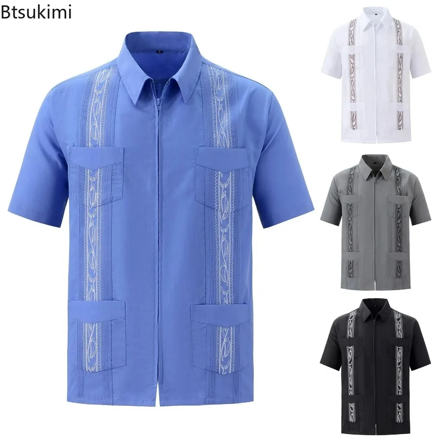 Zipper Men's Guayabera Shirts Clothing Four Pocket Embroidered Traditional Short Sleeve Shirts For Men Mexican Cuban casual short sleeved shirt short sleeved shirt