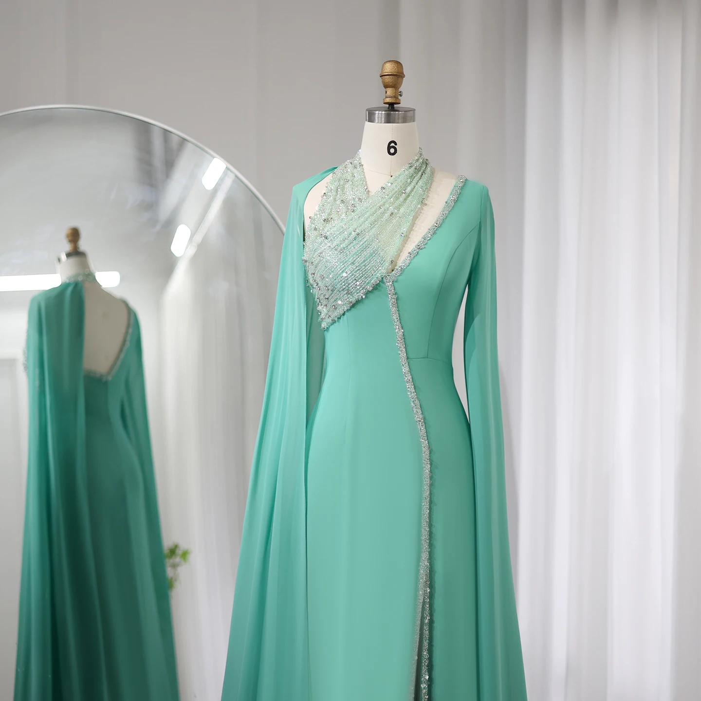 green emerald velvet dress Long Cape Sleeves Elegant Turquoise Soiree Dress