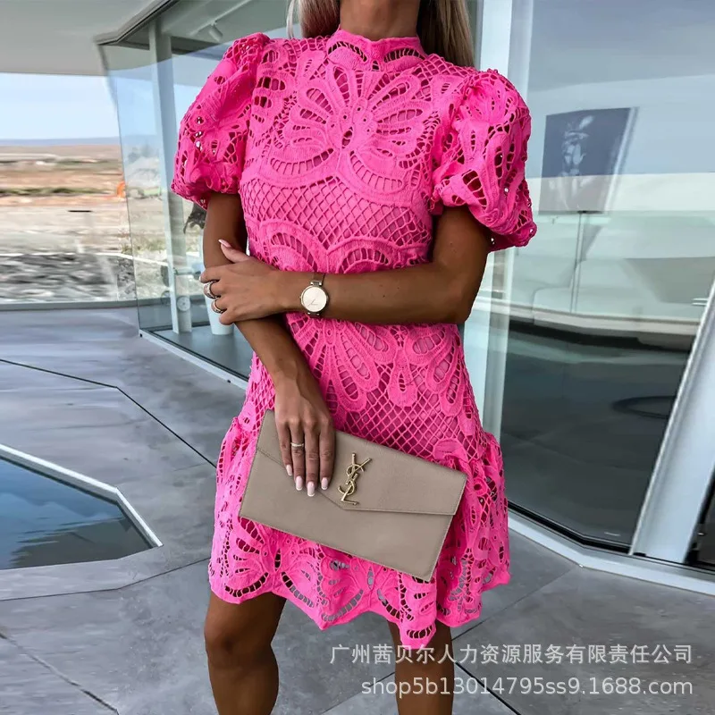 

Wepbel Sexy Cutout Dress Women Short Sleeve Elegants Water Soluble Lace Dress Office Lady Puff Sleeve Mock Neck Lace Dress