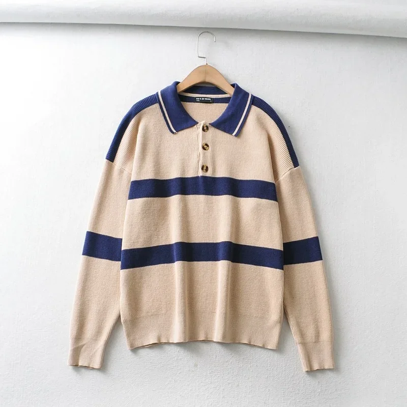 

2023 Autumn Vintage Turn-down Collar Women Clothes Loose Pullovers Winter Fashion Casual Sweaters Stripe Long Sleeve Sweater New