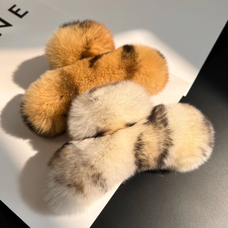 Natural Rex Rabbit Fur Big Crab Hair Clip for Girls Rabbit Hair Claw Clips Cute Ponytail Women's Barrettes Fluffy Hair Crab