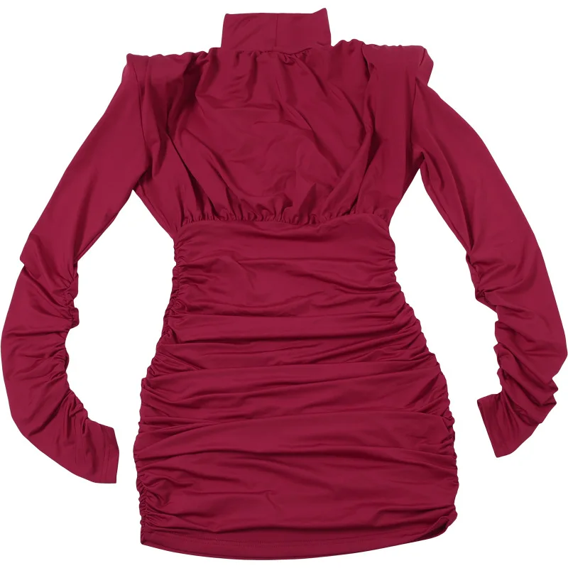 Pleated High Waist Slim Mini Dress Female Fashion Long Sleeve Patchwork Elegant Commute Dress Ladies Solid Autumn Dress