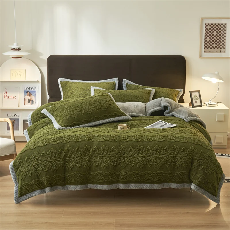 

Vintage Olive Green Three-dimensional Carved Velvet Warm Bedding Set Single Full Queen King Duvet Cover Bed Sheet Pillowcases