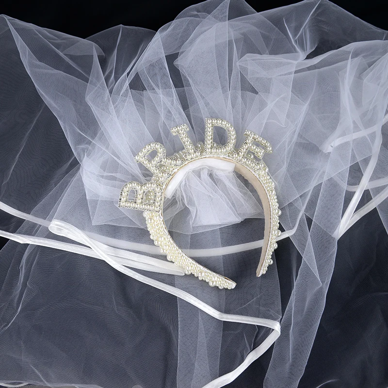 Voile De Mariée Court Perlé Blanc - Dentelle Tulle Avec Barrette - Accessoire Pour EVJF, Mariage, Fiançailles, Mascarade - HABNI - 8