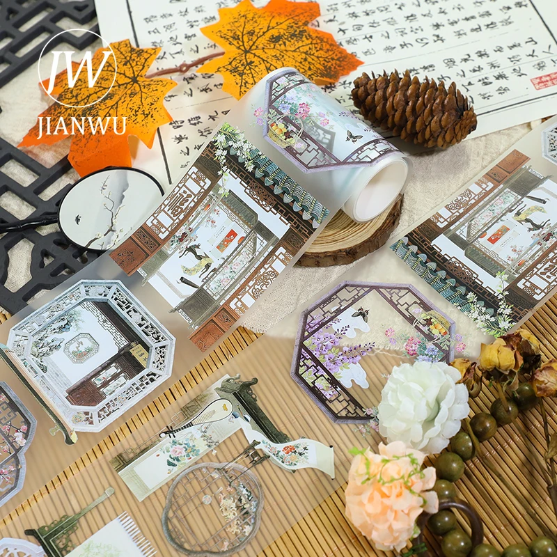 JIANWU 80mm*200cm 빈티지 꽃 창 풍경 소재 콜라주 스크랩북 PET 테이프 창의적인 DIY 저널 문구류