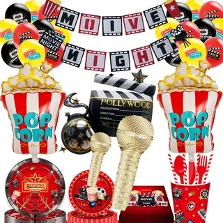 JOYMEMO Movie Night Balloon Garland Arch Kit for Hollywood Themed Event,  Movie Theatre Time Birthday Party Decorations