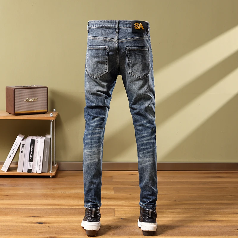 Vintage washed blue stretchy slim fit ripped jeans High Street fashion men's jeans patch designer personality hip hop Hombre