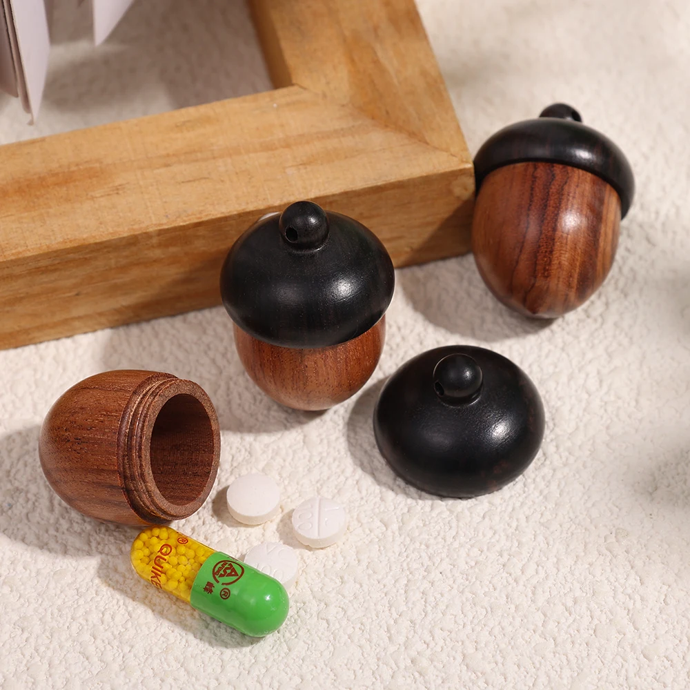 Solid Wood Pill Storage Box Acorn Pendant Mini Portable Capsule Organizer Weekly Medicine Pill Case Outdoor Home First Aid Tools