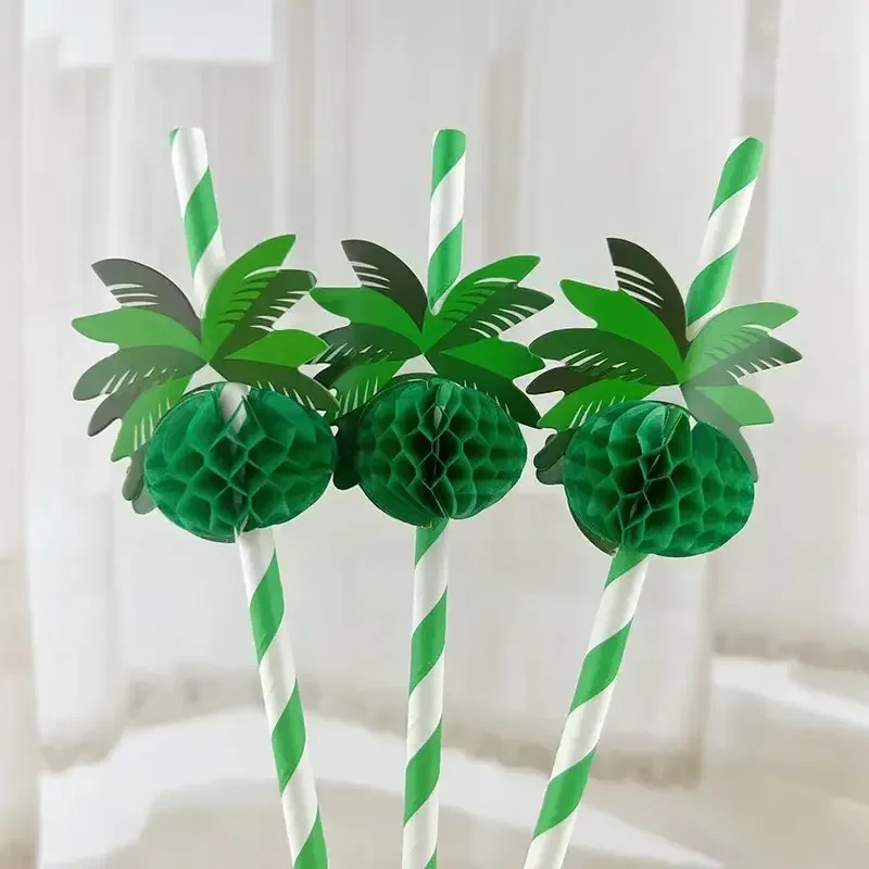 

10pcs Coconut Tree Honeycomb Paper Straw Disposable Party Straw Hawaiian Party Dessert Cake Cocktail Decoration Paper Straw