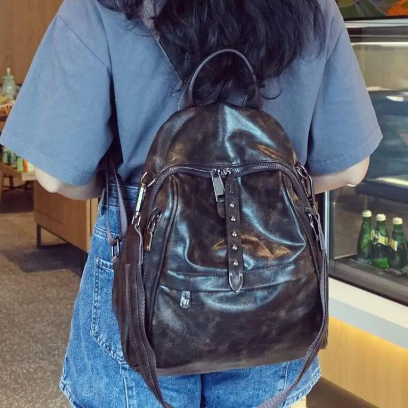 

2023 New Women Backpack Vintage Oil Wax Leather Soft Leather Backpack Advanced Sense Casual Dual Use Large Capacity Travel Bag