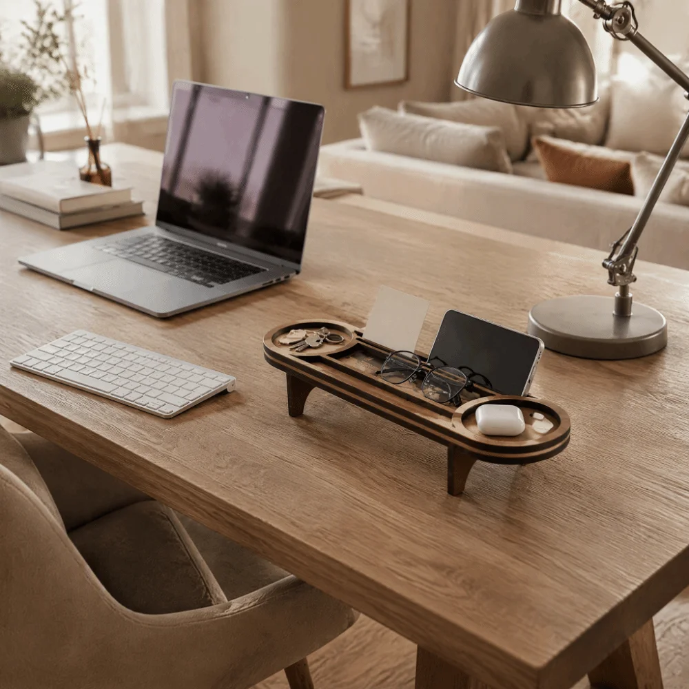 Elegant Brown Wooden Desk Organizer with Phone Stand and Cup Holder