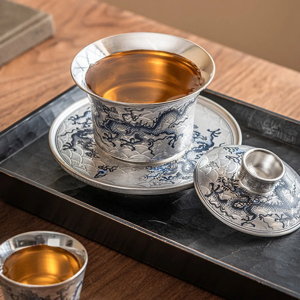 150ml Retro Silver Plated Gaiwan Blue and White Dragon Pattern Tea Tureen Household Tea Making Cover Bowl Items Collection