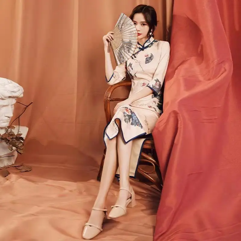 

20233 Spring Autumn Cheongsam Chinese Traditional Style Dress Vintage Floral Print Qipao Long Robe Party Dresses for Women