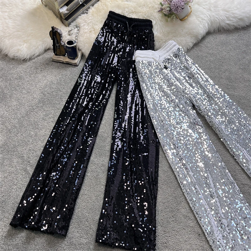 2022 Spring High Waist Silver Glitter Sparkling Y2k Long Trousers  Relaxation Of Tall Sequin Waist Wide-legged Pants Women's Pant - Pants u0026  Capris - AliExpress