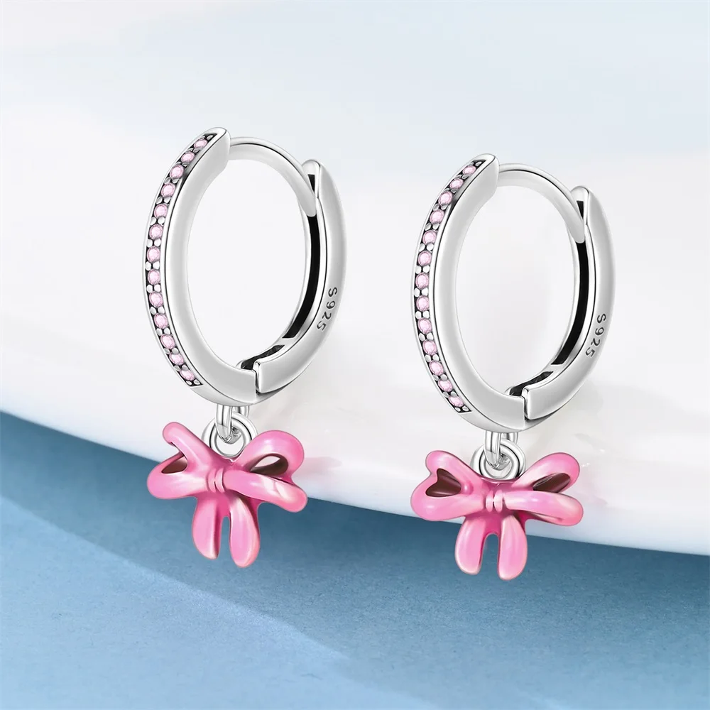 Hot Sale New Arrivals 925 Sterling Silver Exquisite Sparkling Small Bow Pink Stud Earrings Wedding Party Jewelry 6