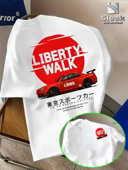 T-shirt a maniche corte da uomo per l'estate, LIBERTY WALK con stampa di tendenza auto sportiva modificata, traspirante e alla moda, stile unico.