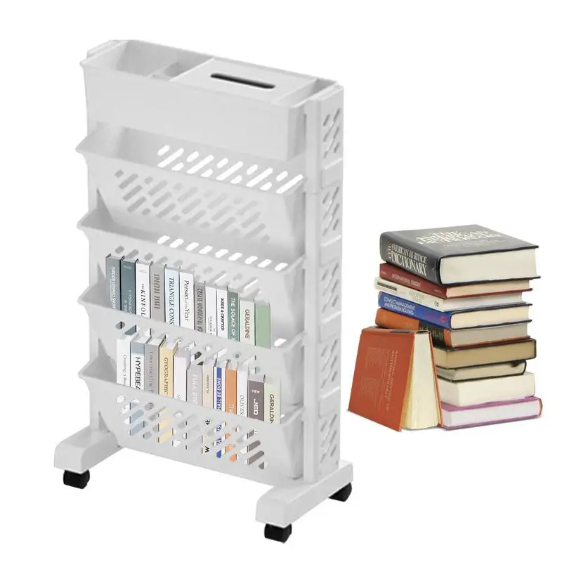 

Mobile Bookshelf with Wheels Multi functional Reading Rack Book Organizer Removable Tiered Rolling Cart for School Classrooms