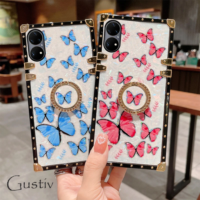 

Square Phone Case For Huawei P60 PRO P50 P40 P30 Lite Pro Y9 PRIME 2019 Y6 Y7A Luxury Red Rose Flower Golden Plaid Bracke Cover