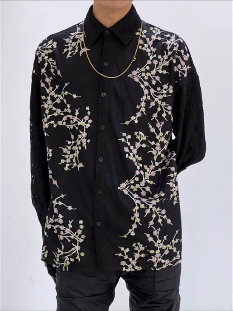 2023 Original design Autumn and winter new limited edition lace long-sleeved shirt shirt jacket thin embroidery men's