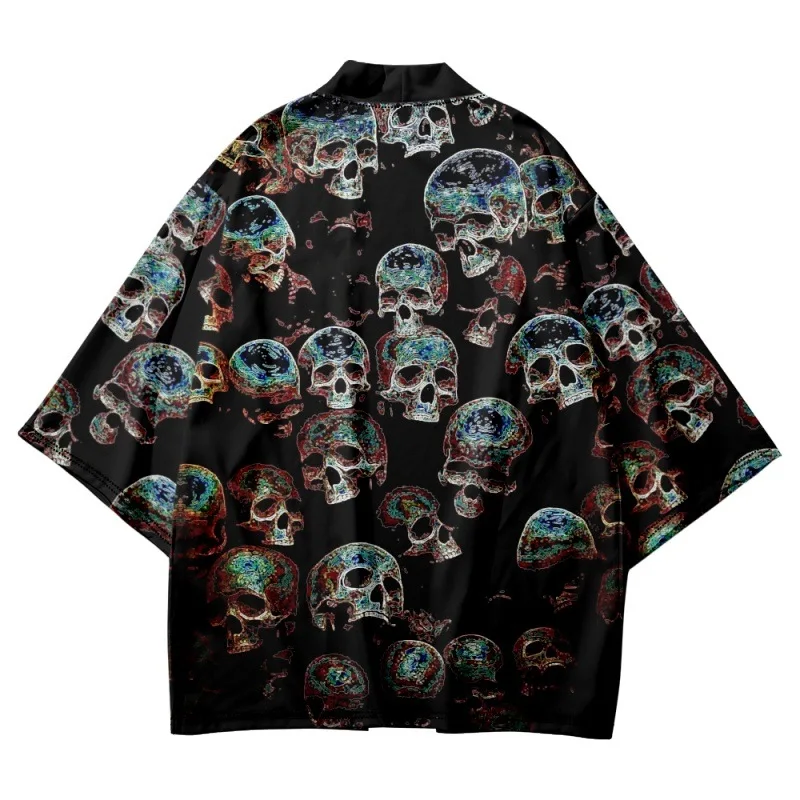 

Men Women Harajuku Tops Japanese Skull Print Cardigan Asian Yukata Kimono And Shorts Samurai Costume Haori Clothing