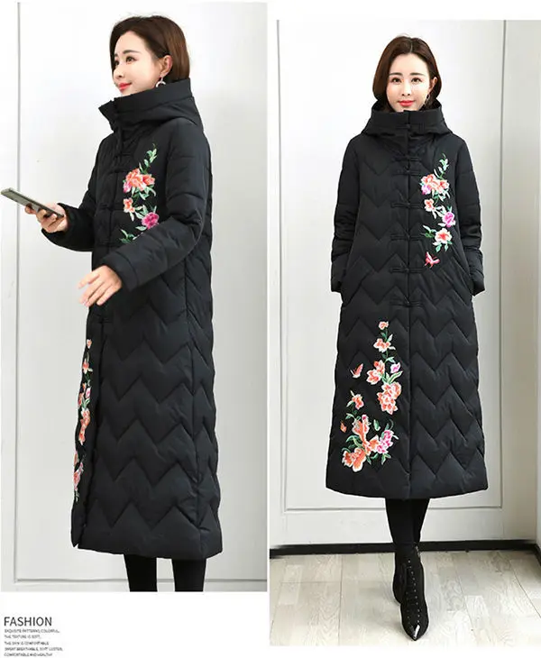 Winter Down Cotton Padded Women Chinese National Style Embroidered Long Outwear Thickened Warm Hooded Parka Coat Female
