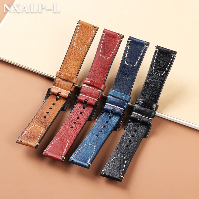 Vintage Genuine Leather Watch Band with Stitching - Retro Cowhide Quick Release Strap