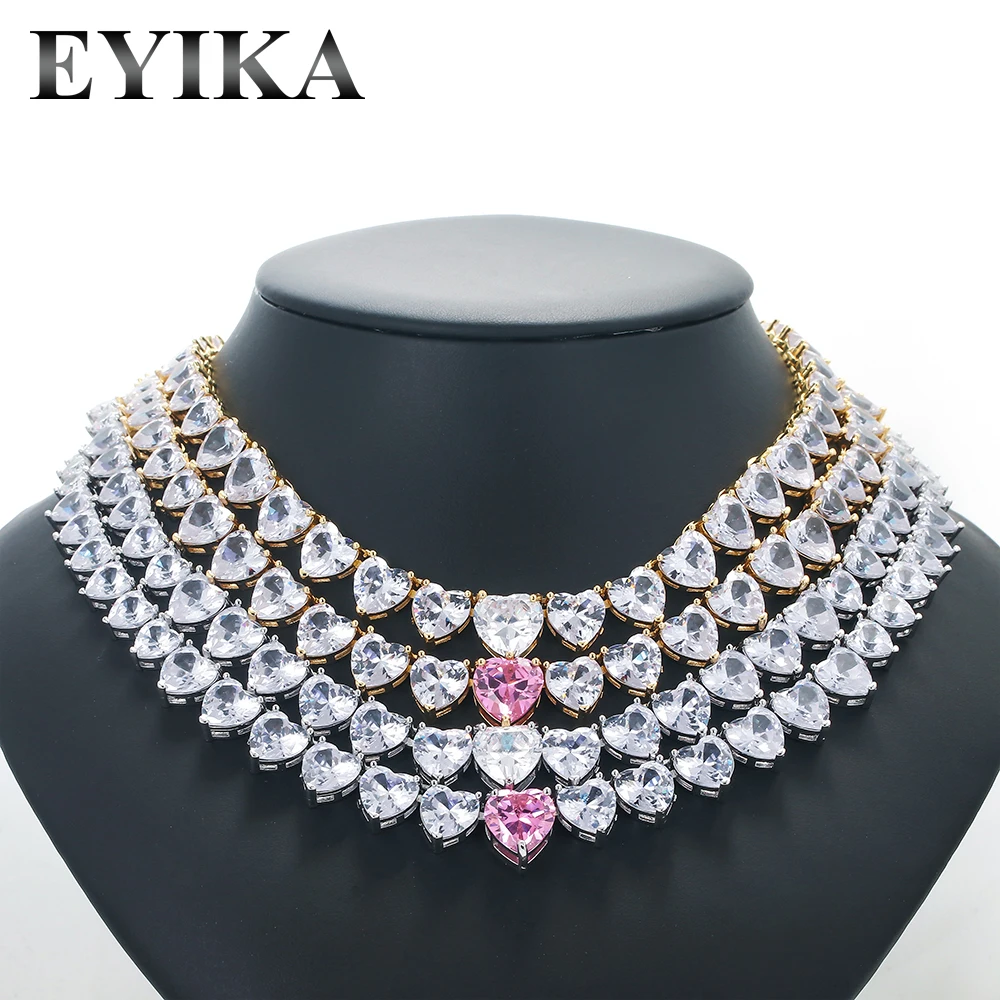 

EYIKA High Quality Copper Gold Plated Hip Hop Full Zircon Pink Heart Choker Necklace Luxury Link Tennis Chain for Women Men