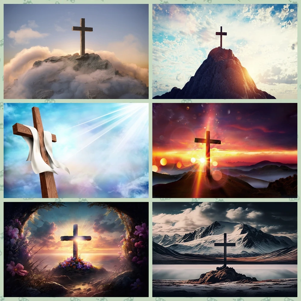

Laeacco Jesus Christ Cross Photography Backdrop Mountain Sunset Sepulcher Lord Pray Bible Easter Background Photo Decor Props