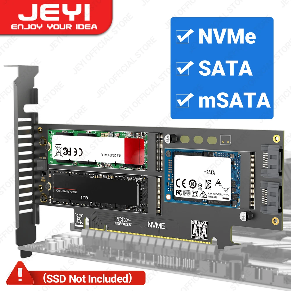 JEYI NVMe NGFF 및 mSATA SSD PCIe 4.0/3.0 어댑터 카드, 3 in 1 M.2 NVME to PCIE/M.2 SATA SSD to SATA III/mSATA to SATA 컨버터