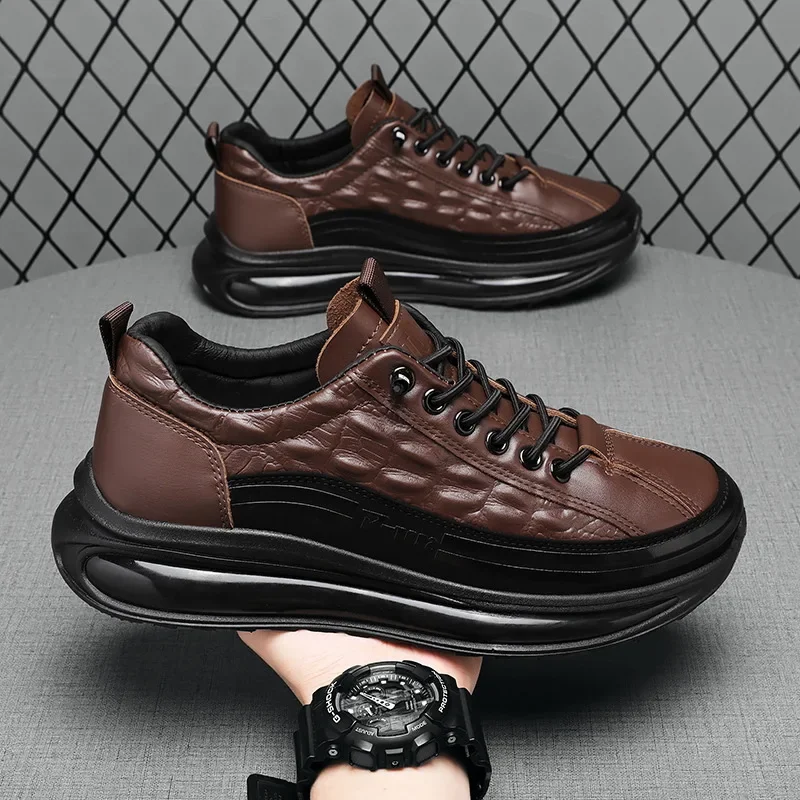 Men's Retro Leather Shoes Men's Genuine Leather Casual Sneakers Alligator Pattern  Platform Shoes Men